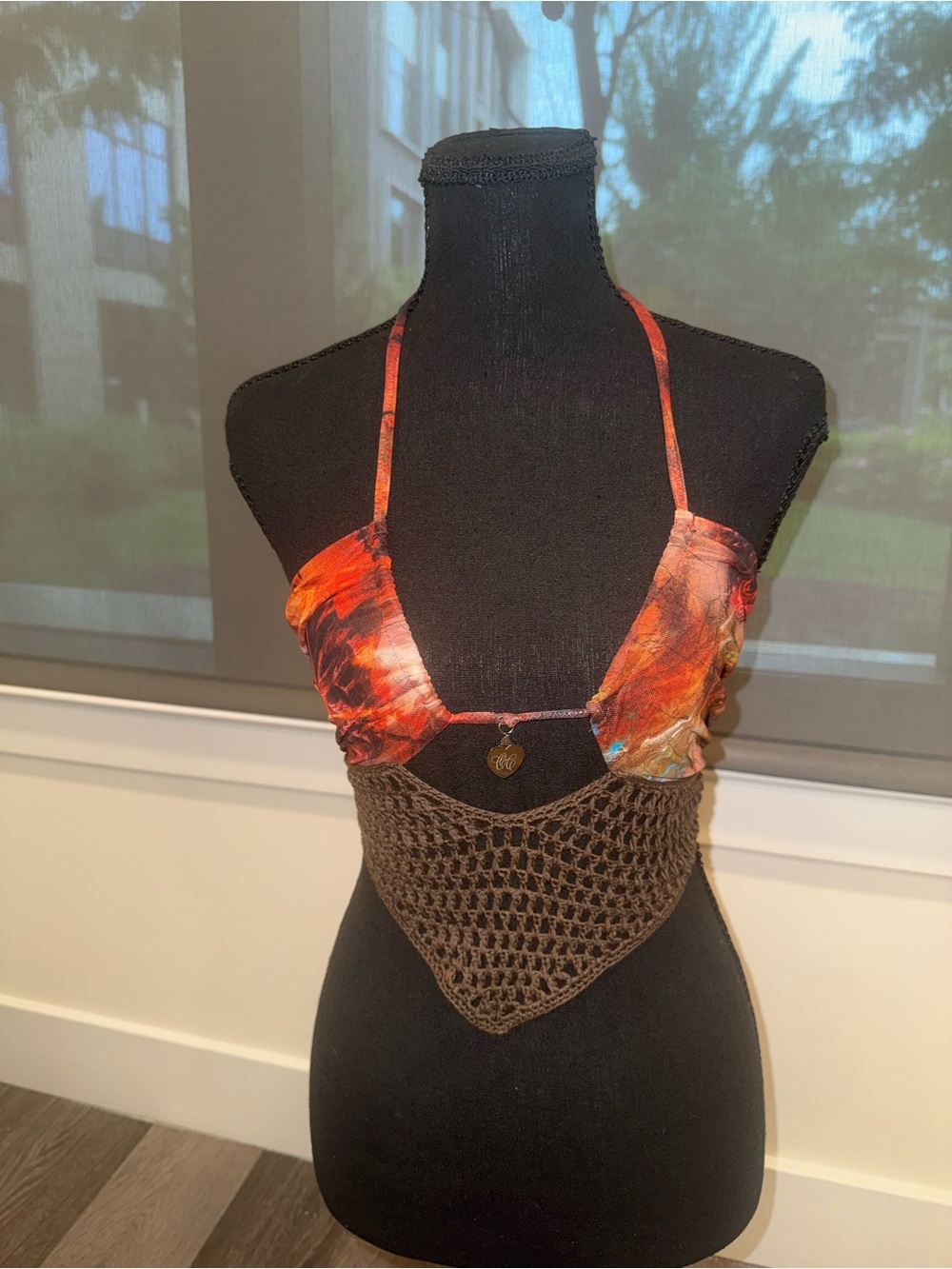 Unbranded Women's Tie-Dye Orange Halter Bikini Top with Crochet Panel